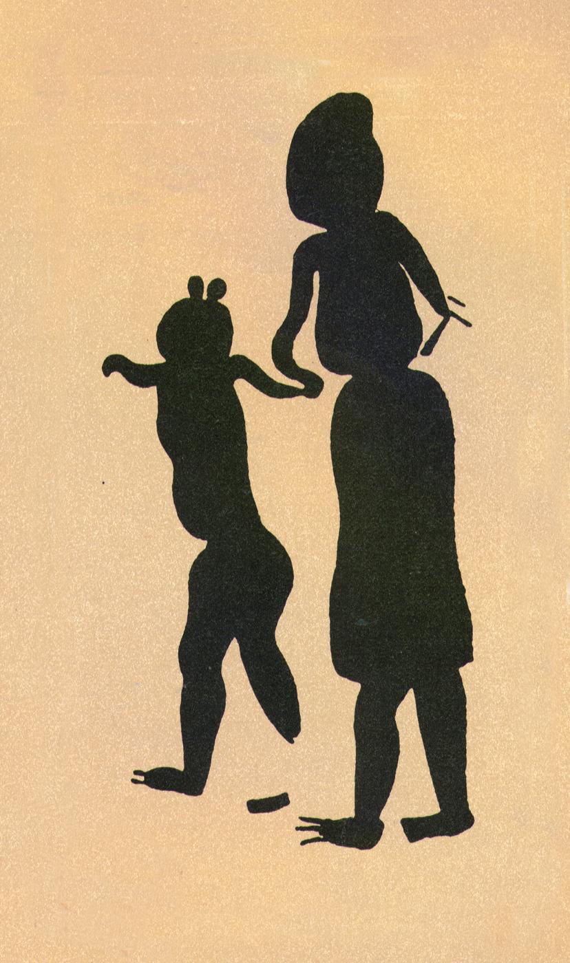 Cro-Magnon woman strolling with a child whose hair is pulled up in twin puffs.