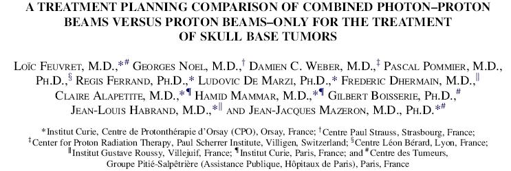 Protons as Boost only in combination with photons IJROBP 69(3):944, 2007 67 Gy total dose, 45 Gy Photons, 22 CGE Protons 10 patients with skull base tumors planned Results: Mean