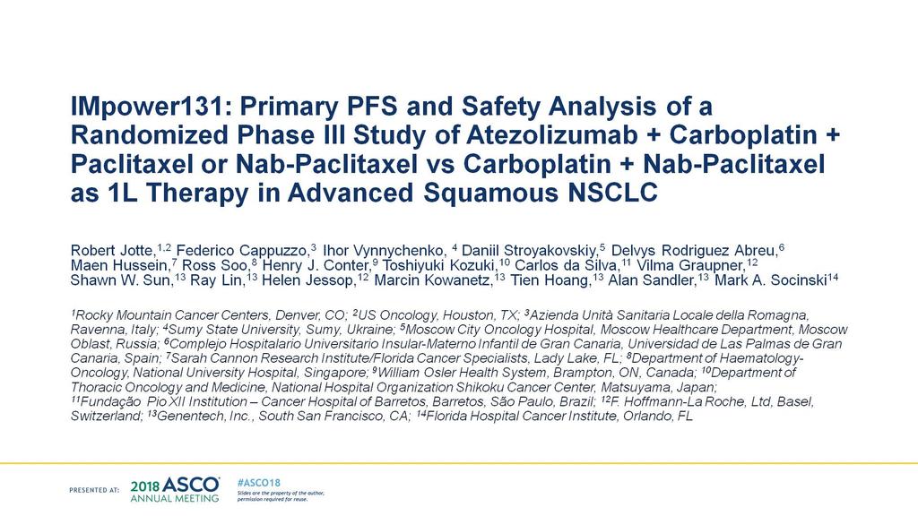 IMpower131: Primary PFS and Safety Analysis of a Randomized Phase III Study of Atezolizumab + Carboplatin + Paclitaxel or