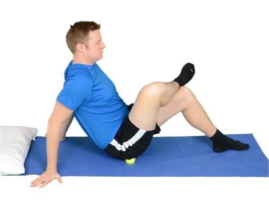 Piriformis / DHR Release (Ball) Sit on the ground, knees bent. Cross your ankle over your opposite knee. Wedge a tennis ball between the buttock of your crossed leg and the ground.