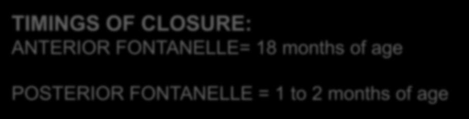 TIMINGS OF CLOSURE: ANTERIOR FONTANELLE= 18