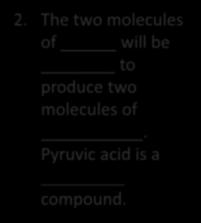 Steps in Glycolysis Glucose 2 molecules of PGAL 2 molecules of pyruvic acid 2 ATP 2 ADP 2.