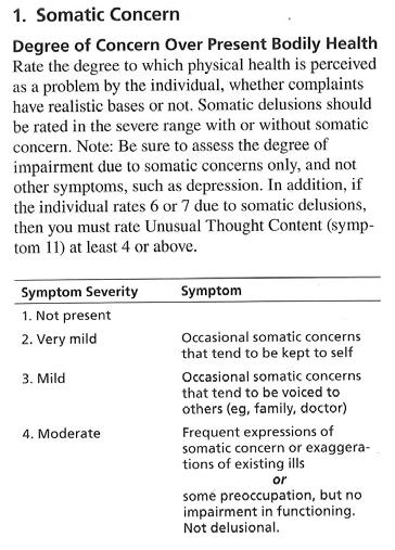 BPRS Somatic Concern Somatic Concern as defined appears to capture somatic ruminations, but also somatic delusions at the extreme Pain ruminations might be capture by instruments such as the Pain