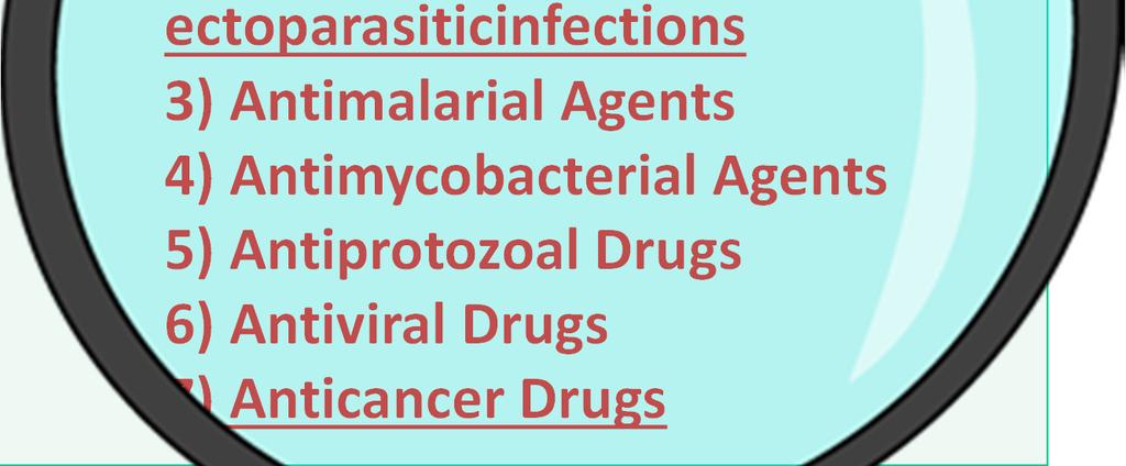 ectoparasiticinfections 3) Antimalarial Agents 4) Antimycobacterial