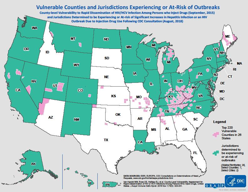 44 states and Puerto Rico have areas that are experiencing, or at risk for, increases or outbreaks of HCV/HIV CDC