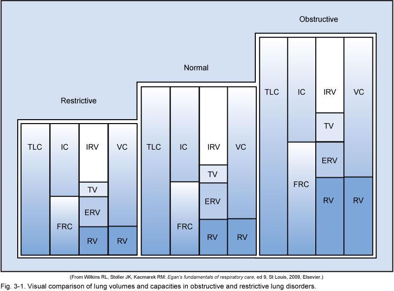 Figure 3-1. Visual comparison of lung volumes and capacities in obstructive and restrictive lung disorders.