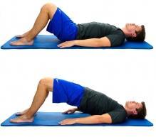 Bridging While lying on your back, tighten your lower abdominals and squeeze your buttocks.