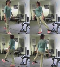 1. 3. 2. 4. Standing Hip 4-Way Stand on one foot with elastic band attached around the ankle of the target leg. 1. Extension: Stand facing the band and kick backward with the target leg. 2. Adduction: Stand in line with the band so that you are able to kick toward midline of your body with your target leg.