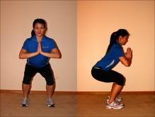 Free-Standing Squat Stand with your heels shoulder width apart, toes slightly turned outward. Bend your knees and move your hips backwards while keeping your back straight.