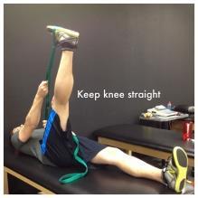 Supine Hamstring Stretch Lie on your back and hook a strap, towel, or leash around your foot.