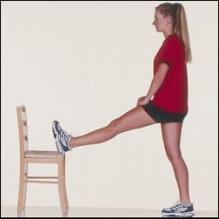 Standing Hamstring Stretch While standing, place foot on stool or elevated surface. Keep your foot pointed upward.
