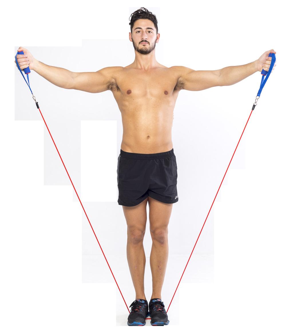 The elastic band should be slightly slack in this position. Slowly raise your arms in a sideways direction but slightly in front of your body.