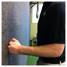 Isometric Shoulder Flexion Stand facing a wall with your arm against your side, elbow bent at a 90 degree angle as shown.
