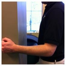 Isometric Shoulder Internal Rotation Stand next to wall with your arm against your side, elbow bent at a 90 degree angle as shown.