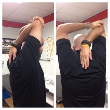 Tricep Stretch Stand with arm up and behind head, reaching down the back as far as comfortable.
