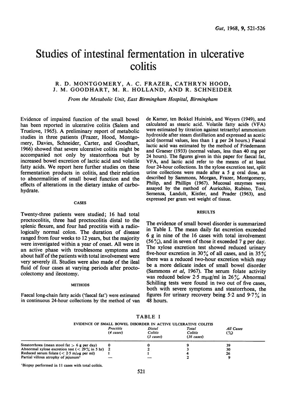 Gut, 1968, 9, 51-56 Studies of intestinal fermentation in ulcerative colitis R. D. MONTGOMERY, A. C. FRAZER, CATHRYN HOOD, J. M. GOODHART, M. R. HOLLAND, AND R.