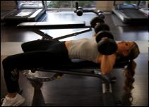 Bench Press: using barbell or dumbbells, lie with back flat on bench, hold weight right above chest, press weight up until arms