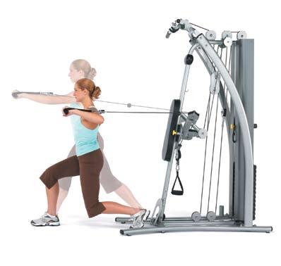 Radial arms in Position Seat removed Foot plate up Lunge to Push 2 Stand facing away from the machine with the left handle in your left hand, and your feet hip-distance apart.