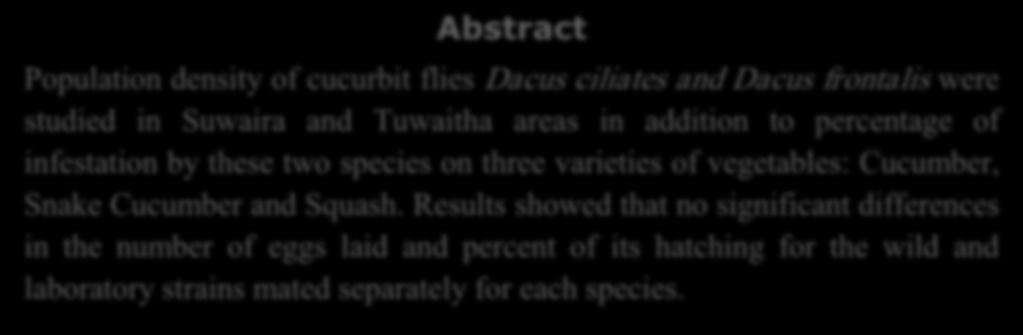 Population Density and Biological Studies of Two Cucucrbit Flies Species :Dacus ciliates Loew and Dacus frontalis Beecker (Diptera: Tephritidae) Maysoon Ali Shawkit * Basam AL Neamey* Fatma Hussian