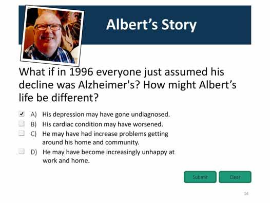 Take a moment to reflect on Albert s story. What if In 1996 everyone just assumed his decline was Alzheimer's? How might Albert s life be different?