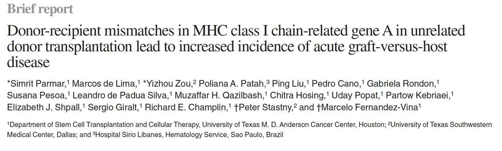 MICA in HSCT A higher rate of grade II-IV agvhd was seen in MICA-mismatched patients (80% vs 40%, P =.003) irrespective of degree of HLA matching (HLA 10/10 match: 75% vs 39%, P =.