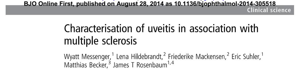196 eyes of 113 patients with MS and uveitis in retrospective review from two sites 80% intermediate uveitis, 15% anterior uveitis Median follow-up of 3 years