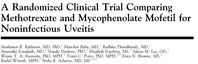 Prospective study of 80 patients with non-infectious uveitis requiring IMT randomized to 25 mg weekly MTX vs.