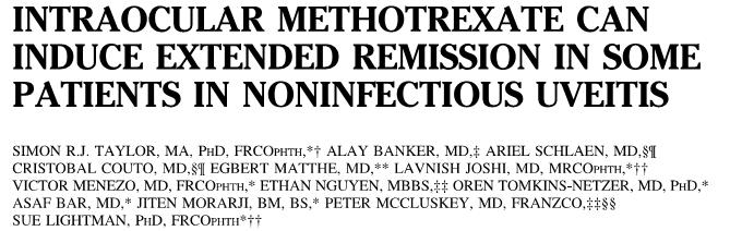 Retrospective study of 54 injections (400 ug MTX) in 38 eyes of 30 patients with chronic uveitis 30 eyes responded to treatment Of these, 73%