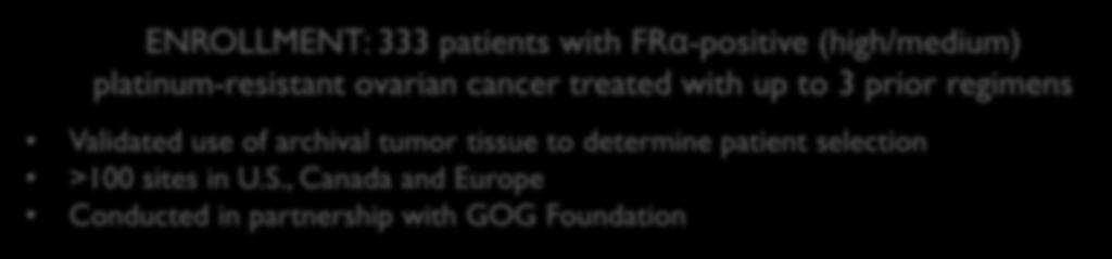 , Canada and Europe Conducted in partnership with GOG Foundation Mirvetuximab soravtansine 2:1 randomization Physician s choice single-agent chemotherapy* ~12,000-14,000 FRα-positive (high/medium)