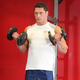 Continue to raise the weights until your biceps are fully contracted and the dumbbells are at shoulder level. Hold the contracted position for a brief pause as you squeeze your biceps. 3.