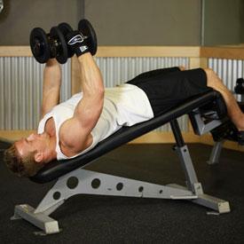 DECLINE BENCH DUMBBELL FLYS 1. Secure your legs at the end of the decline bench and lie down with a dumbbell on each hand on top of your thighs. The palms of your hand will be facing each other. 2.