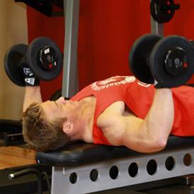 FLAT BENCH DUMBBELL PRESS 1. Lie down on a flat bench with a dumbbell in each hand resting on top of your thighs. The palms of your hands will be facing each other. 2.