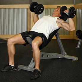 INCLINE DUMBBELL PRESS 1. Lie back on an incline bench with a dumbbell in each hand atop your thighs. The palms of your hands will be facing each other. 2.
