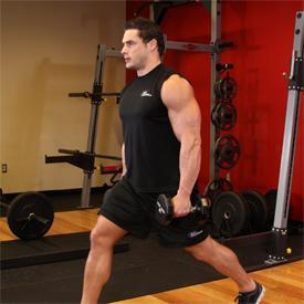 DUMBBELL LUNGES 1. Stand with your torso upright holding two dumbbells in your hands by your sides. This will be your starting position. 2.