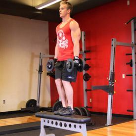 DUMBBELL STEP UPS 1. Stand up straight while holding a dumbbell on each hand (palms facing the side of your legs). 2. Place the right foot on the elevated platform.