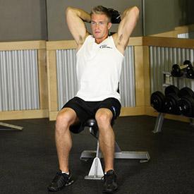 SEATED TRICEPS DUMBBELL PRESS 1. Sit down on a bench with back support and grasp a dumbbell with both hands and hold it overhead at arm's length.