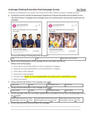 02 Out of the Picture Teen Campaign Post Survey Distribute this survey to the groups you serve to assess the effectiveness of your own