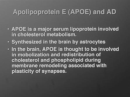 Apolipoprotein E - e4 e4/e4 AD patients show markedly more APP deposition in plaques relative to non-e4 AD patients ApoE e4 binds BA4 peptide with