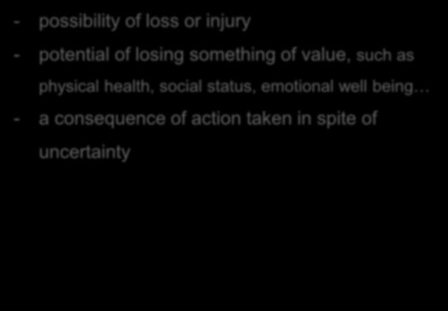 DEFINITION: RISK - possibility of loss or injury - potential of losing something of value, such as physical health,