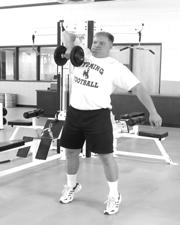 Head should be positioned slightly forward and bar above the head. DB Cleans Start with feet parallel and shoulder width apart holding a dumbbell in each hand.