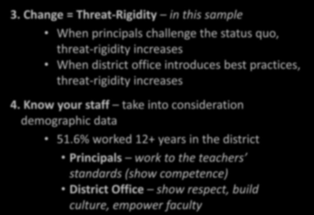 3. Change = Threat-Rigidity in this sample When principals challenge the status quo, threat-rigidity increases When district office introduces best practices, threat-rigidity increases 4.
