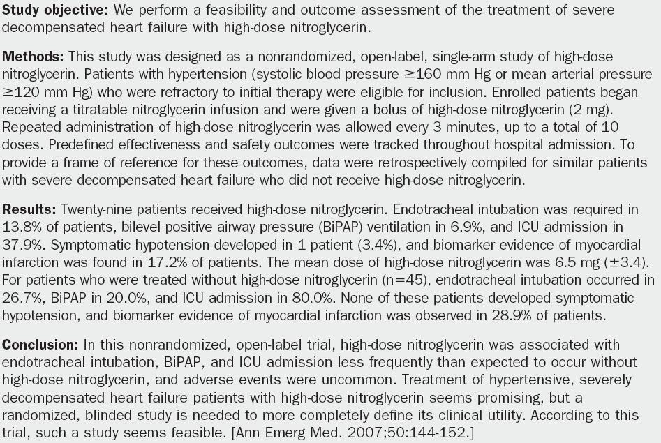 High-dose NTG in the emergency department was associated with fewer inhospital cardiac