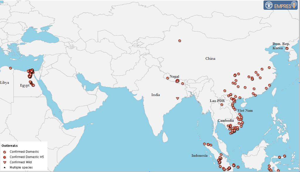 H5N1 Highly Pathogenic Avian Influenza Since 2003, 60 countries across Asia,