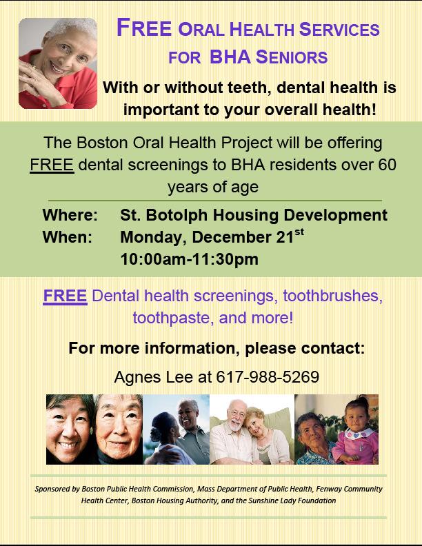 + Screening is promoted in advance Monthly Screening at a selected BHA Senior Development Blood Pressure Oral hygiene/health education Vision Screening Dental Screening Free Oral Hygiene Supplies