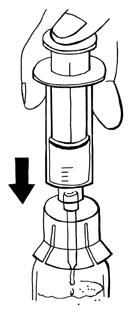 Push the solvent slowly, in a single motion, into the powder vial in order to minimise foaming. Leave the syringe on the adapter and gently swirl the vial for approximately half a minute.