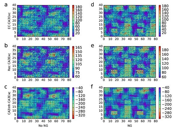 Figure 11: Colormaps for sum of weights of synaptic connections from different network populations (EC, CA3 excitatory and CA3 inhibitory) in the CA3 excitatory population, after 80 memories are