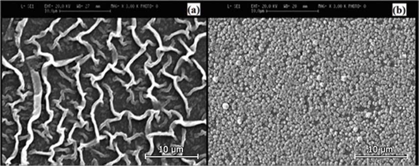 FATEMEH MOOSAVI, MOHAMMAD EBRAHIM BAHROLOLOOM, RAMIN KAMJOU Figure 2. SEM micrographs of (a) pristine ZnO thin film and (b) Cu-doped ZnO thin film.