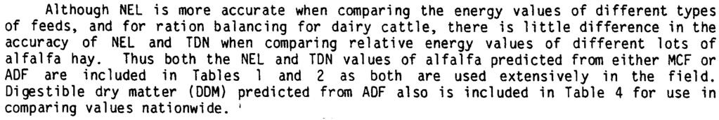 Total digestible nutrients (TON) and net energy for lactation (NEL) are two of the most common measures of the energy value of feeds.