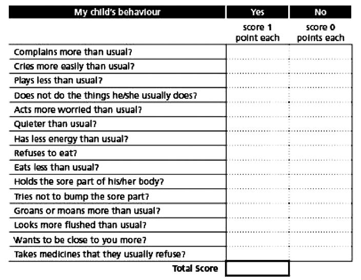 How can I tell if my child is in pain? You can use the same methods as the nurses used on the ward. You can use one of the scales below to help.