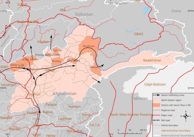 Heroin: Map 2: Interprovincial movement of heroin in north-eastern Afghanistan Badakhshan is an important hub for heroin trafficking and heroin is brought into the province from northern and eastern